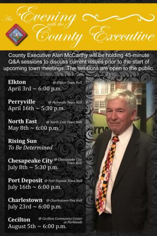 An Evening With the County Executive - Perryville's meeting will be 04/16 starting at 5:30 p.m. in the Town Hall Meeting Room