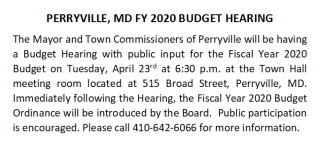 Town of Perryville FY2020 Budget Hearing on 04/23 6:30pm in the Meeting Room 515 Broad Street, Perryville 