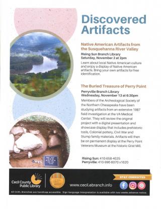 Discovered Artifacts series held at Rising Sun library on 11/2 at 2pm and Perryville library 11/13 at 6:30pm