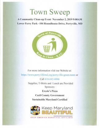 Town Sweep event at Lower Ferry Park, Perryville on 11/2/19 starting at 9am. Clean-up supplies, T-shirts and lunch provided.